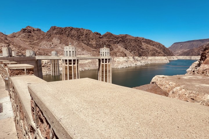 Hoover Dam with a mountain in the desert