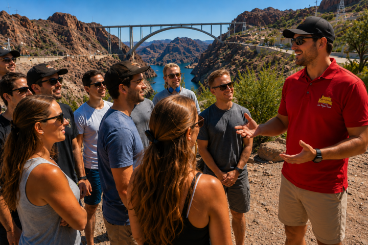 Tour guide in red shirt speaking to a group near a large bridge and canyon.