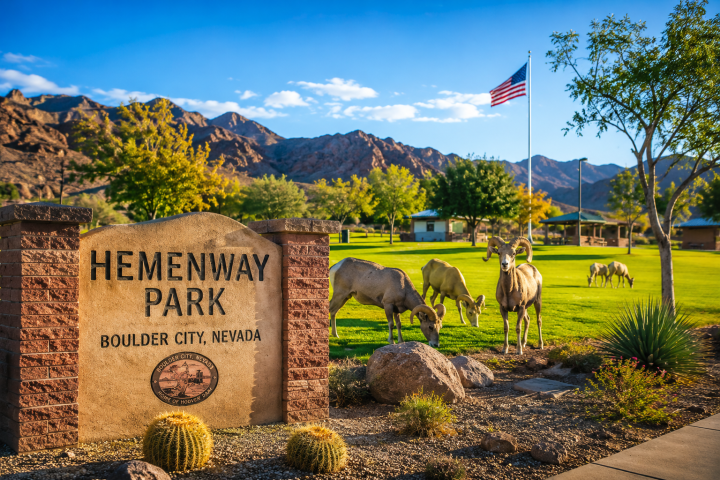 Bighorn sheep grazing in Hemenway Park, Boulder City, with mountains and US flag in the background.